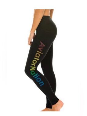 Aviator Nation Black Leggings with Rainbow Side Logo
